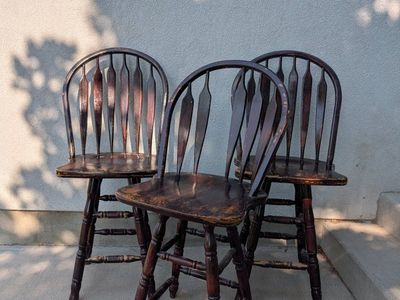 Set of 3 Vintage Wooden Swivel Bar Stools - Dark Finish