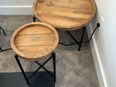Natural wood coffee and end table from RC Willey