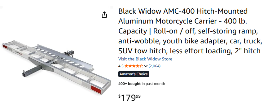 New Black Widow Aluminum Nonfolding Motorcycle Carrier - 400 lb. Capacity