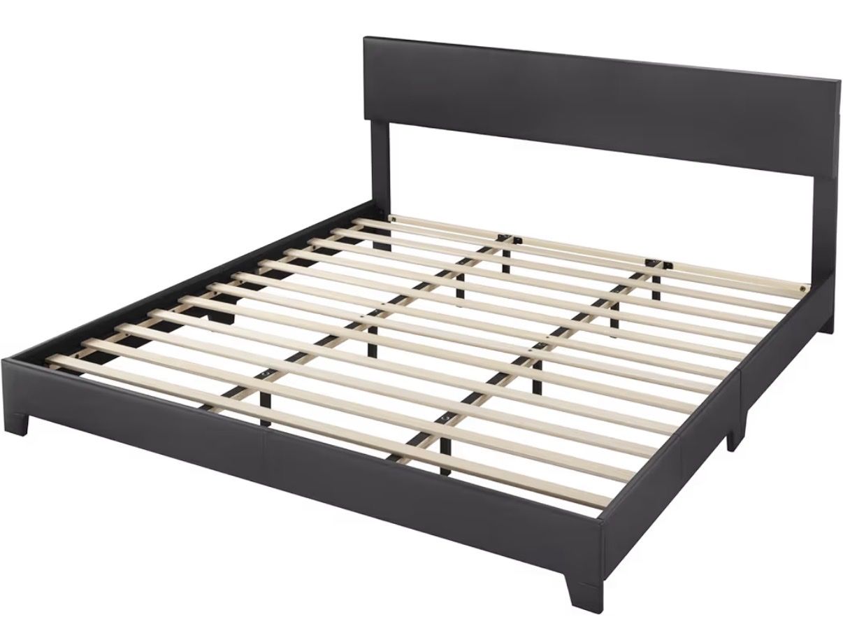 Upholstered king Size Platform Bed Frame with Adjustable Headboard, Faux Leather, Black, Easy Assembly