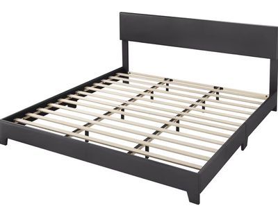 Upholstered king Size Platform Bed Frame with Adjustable Headboard, Faux Leather, Black, Easy Assembly
