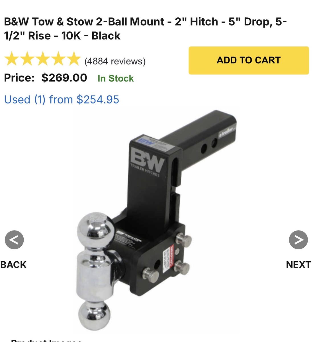 B&W Tow & Stow 2-Ball Mount - 2" Hitch - 5" Drop, 5-1/2" Rise