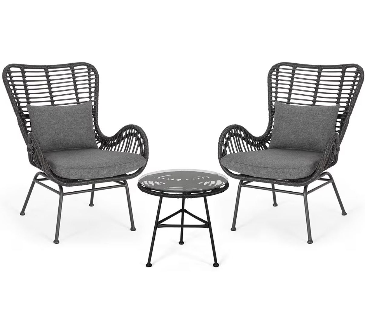 Outdoor 3 Piece Wicker Chat Patio Set with Cushions, Gray and Dark Gray