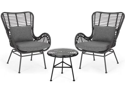 Outdoor 3 Piece Wicker Chat Patio Set with Cushions, Gray and Dark Gray