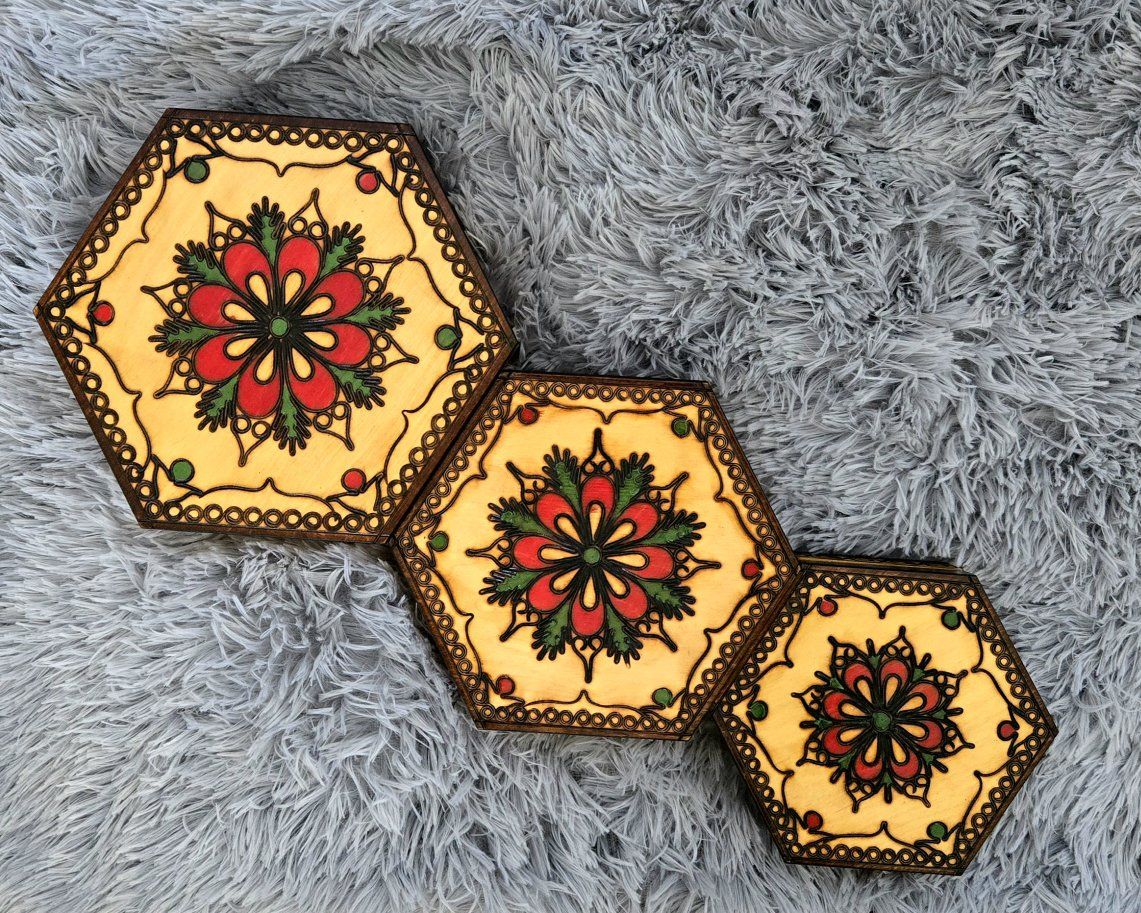 Set of 3!! Vintage Hand-Carved Wooden Hexagon Folk Art Nesting Boxes - Wood Burned / Hand Painted Floral Jewelry Trinket Box Set