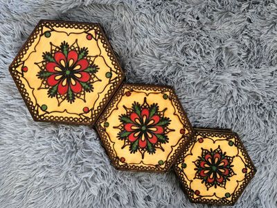 Set of 3!! Vintage Hand-Carved Wooden Hexagon Folk Art Nesting Boxes - Wood Burned / Hand Painted Floral Jewelry Trinket Box Set