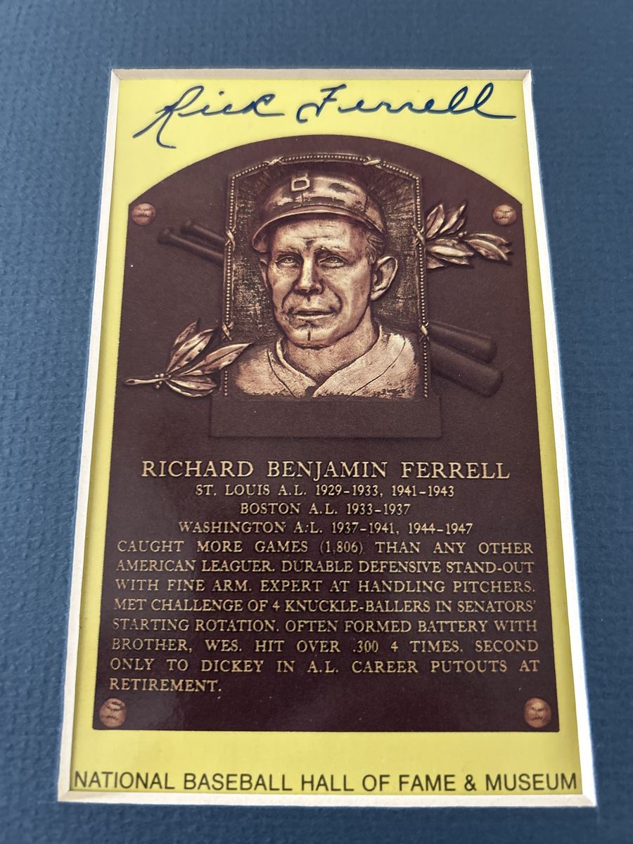 (2) Rick Ferrell Hand Signed National Baseball Yellow Hall of Fame Plaque Photo & Boston Autograph Baseball Card & Matted