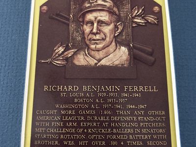 (2) Rick Ferrell Hand Signed National Baseball Yellow Hall of Fame Plaque Photo & Boston Autograph Baseball Card & Matted