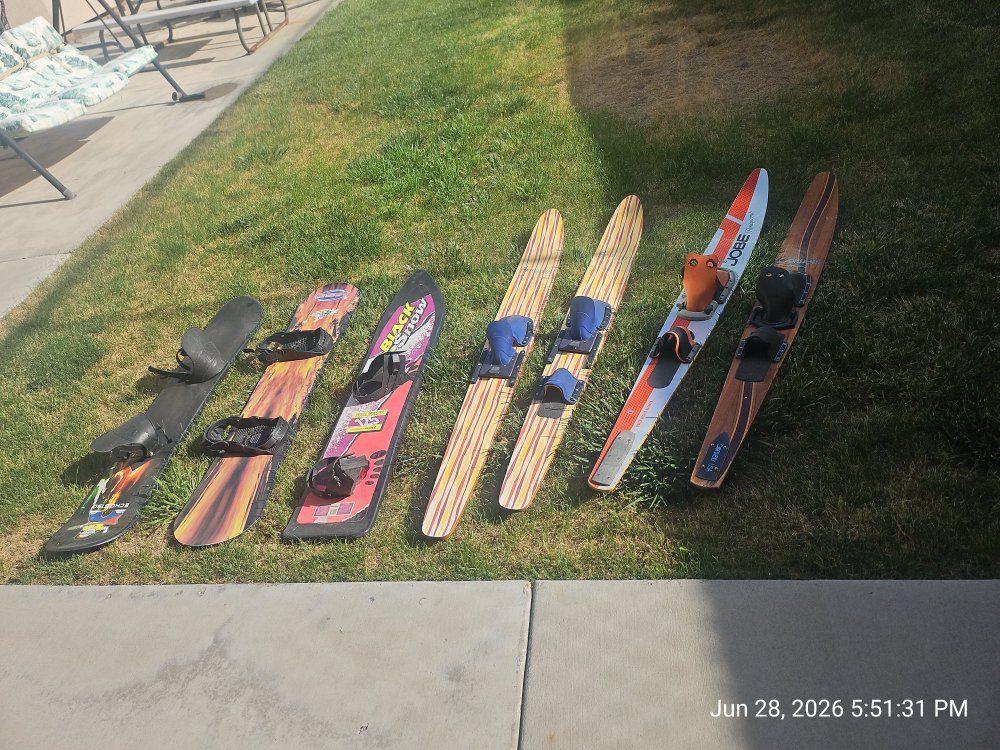Vintage Water Skis; 2 Slalom skis & 1 pair of regular water skis, with a slalom boot & 3 snowboards.