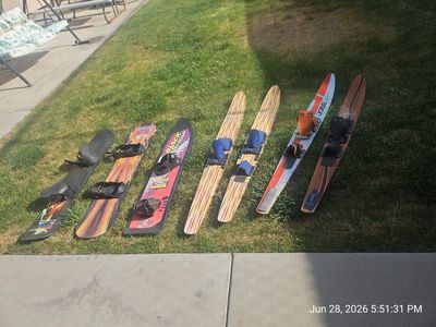 Vintage Water Skis; 2 Slalom skis & 1 pair of regular water skis, with a slalom boot & 3 snowboards.