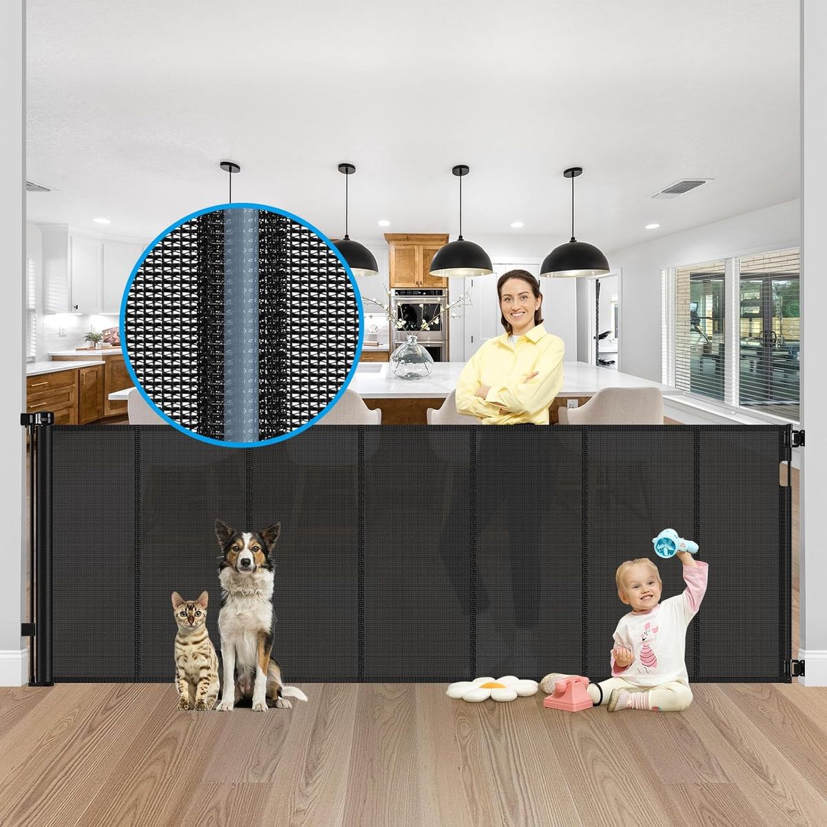 42" Extra Tall x 100" Extra Wide Retractable Baby/Pet Gate - Black Mesh - Wall Mount