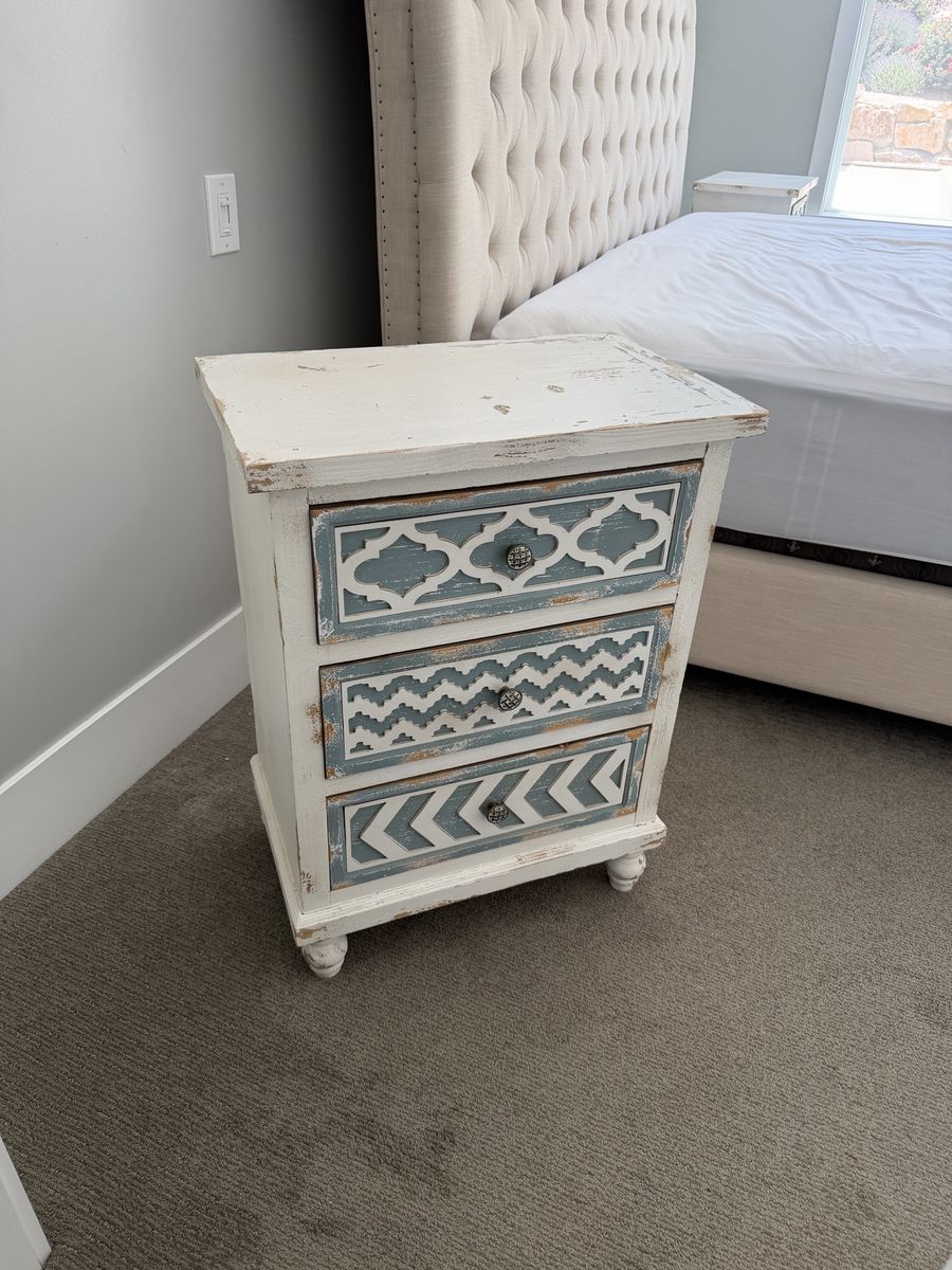 Rustic Distressed White & Slate Blue 3-Drawer Nightstand Side Table Pair