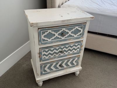 Rustic Distressed White & Slate Blue 3-Drawer Nightstand Side Table Pair