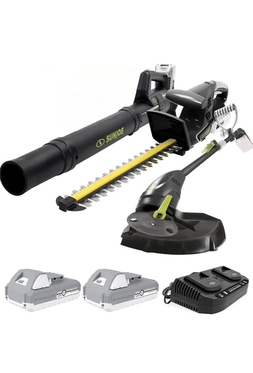 New Sun Joe 24V IONMAX Cordless Leaf Blower, Grass and Hedge Trimmer Outdoor Garden Combo Power Tool Kit
