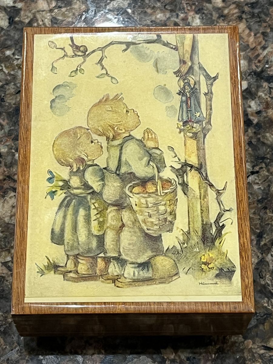 Vintage Hummel Wooden Music Box with praying children design.