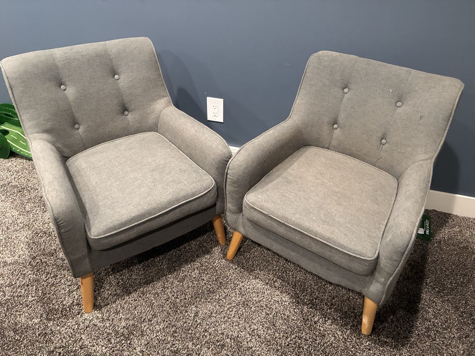 Pair of Grey Fabric Accent Armchairs with Tufted Backs and Wood Legs