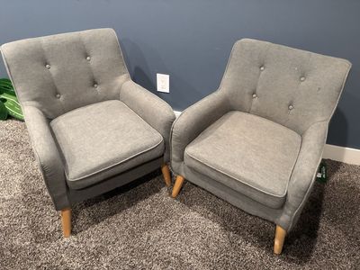 Pair of Grey Fabric Accent Armchairs with Tufted Backs and Wood Legs