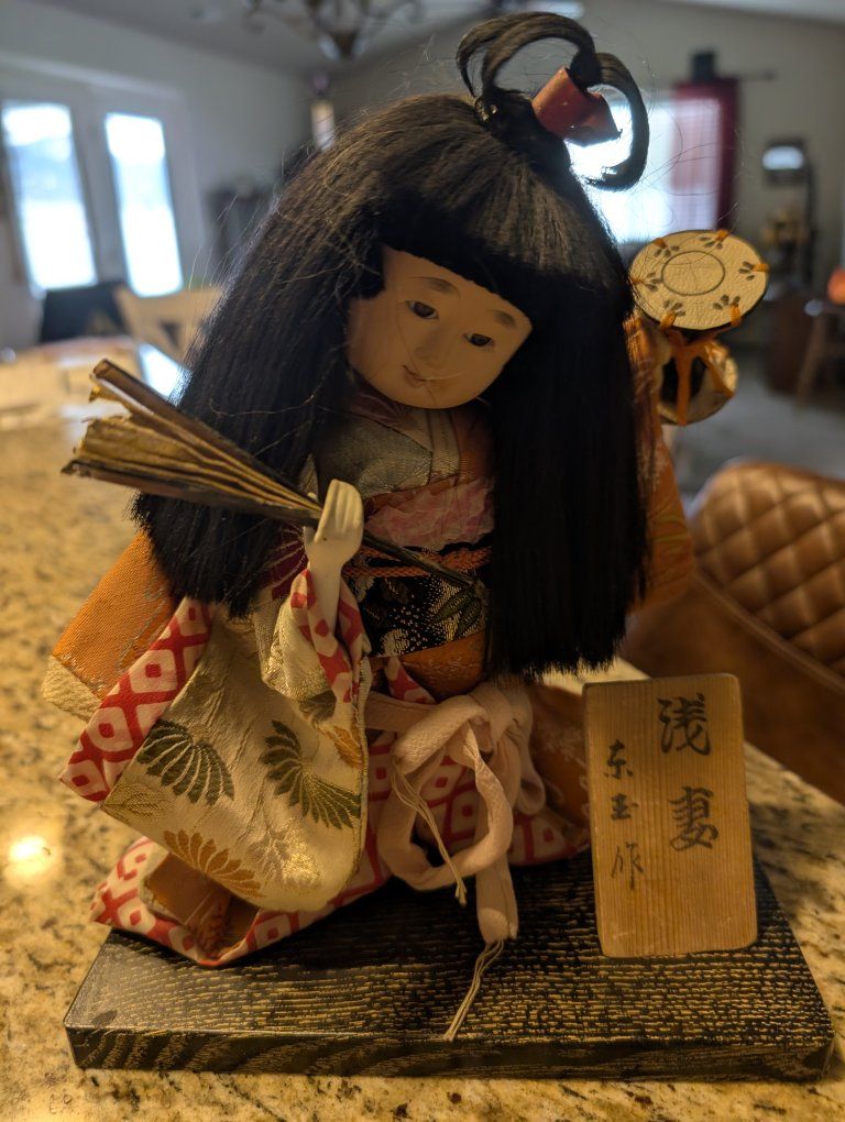 Vintage Japanese Kimikomi Geisha Doll on Wood Base - Traditional Folk Art Decor