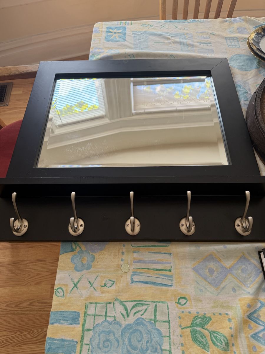 Black Wooden Pub Wall Mirror with Ledge Shelf and 5 Silver Coat Hooks
