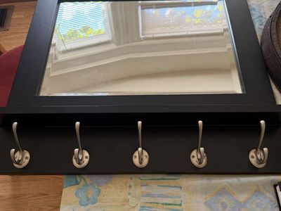Black Wooden Pub Wall Mirror with Ledge Shelf and 5 Silver Coat Hooks