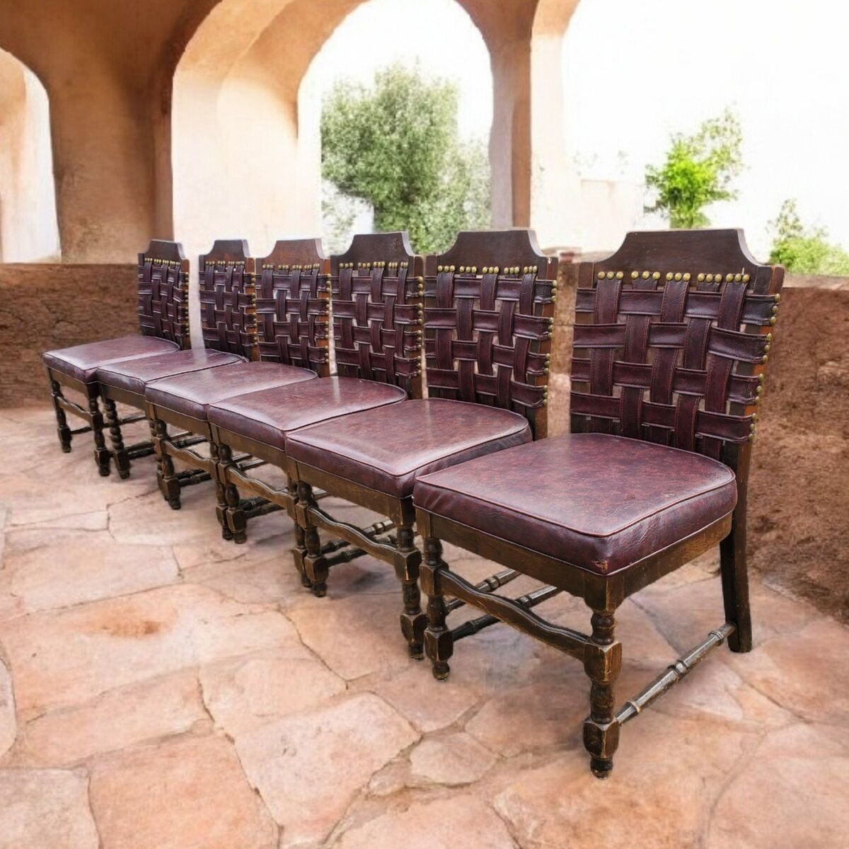 Six Vintage Spanish Style Chairs | Burgundy