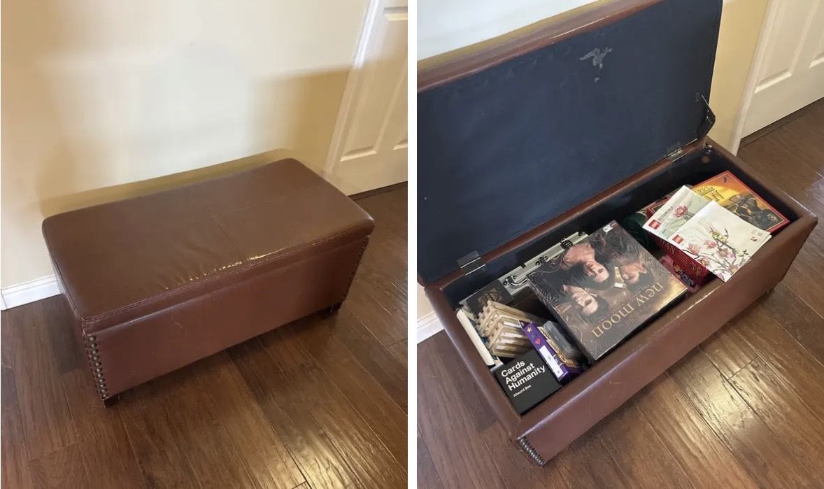 Brown Faux Leather Storage Bench Ottoman with Nailhead Trim