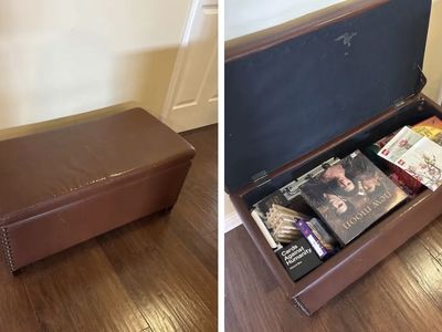 Brown Faux Leather Storage Bench Ottoman with Nailhead Trim