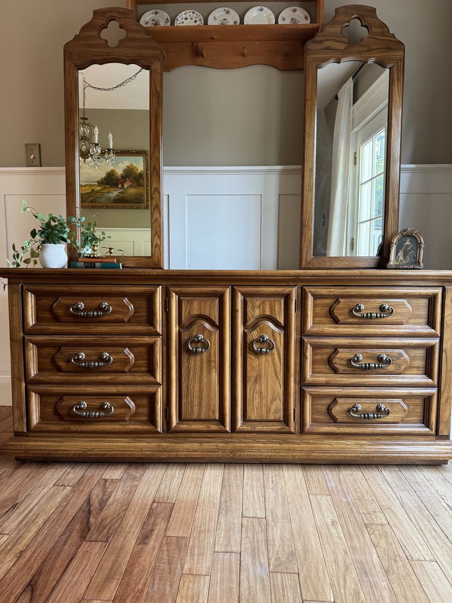 Vintage Thomasville Solid Wood Triple Dresser + Mirrors