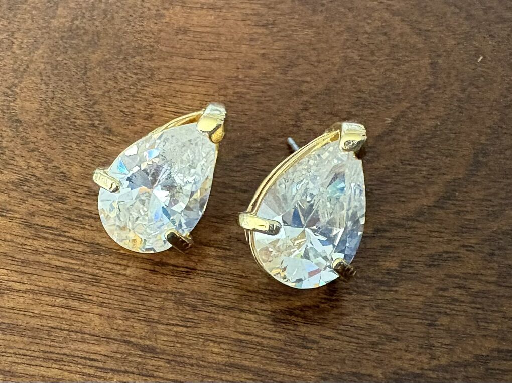 Pair Of Gold Tone Earrings W/Clear Pear Cut Stones