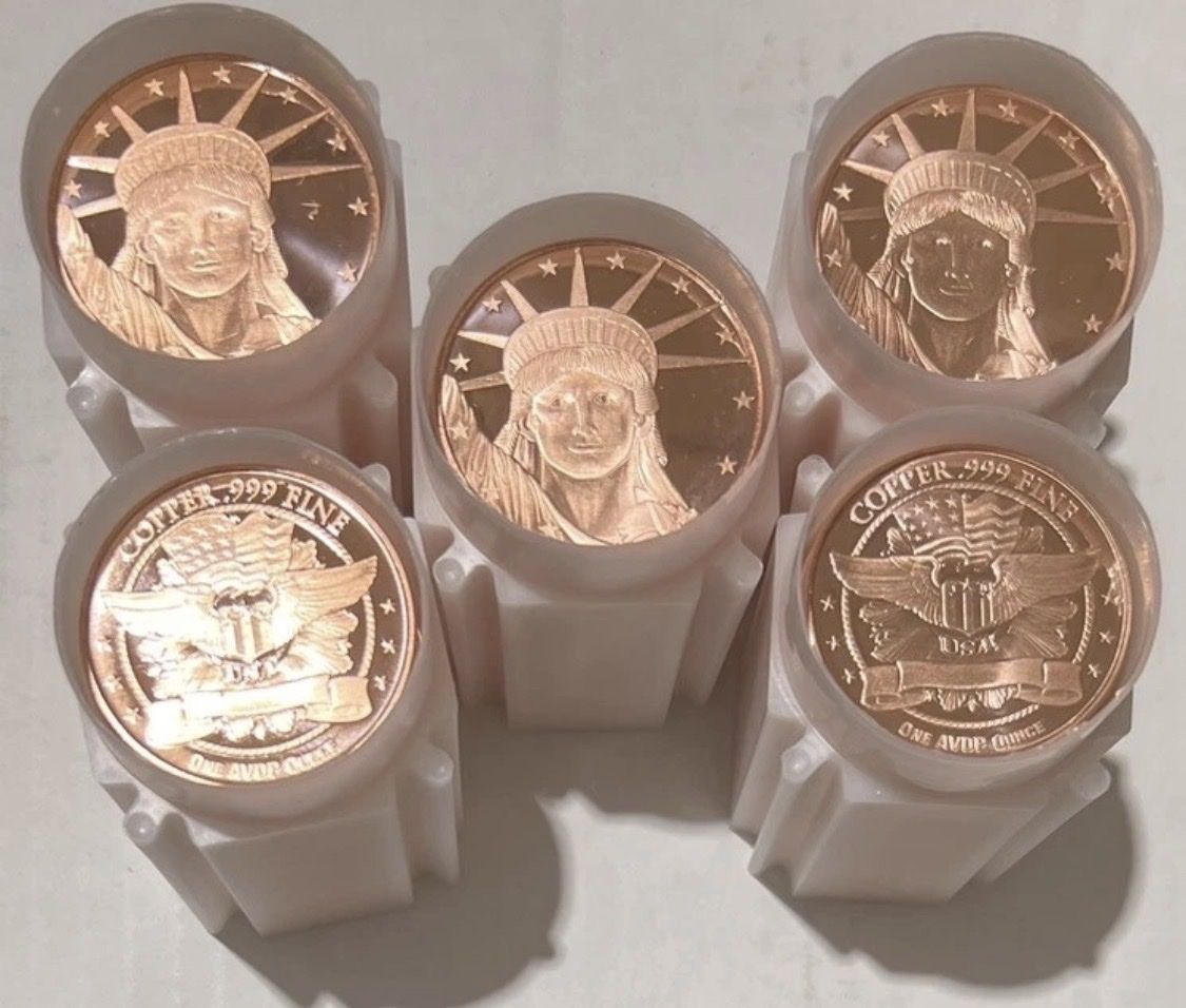 5 Rolls of 1oz Copper .999 Fine Coins - Lady Liberty/Eagle Design