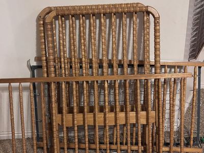 Vintage Wooden Spindle Baby Crib - Natural Wood Finish