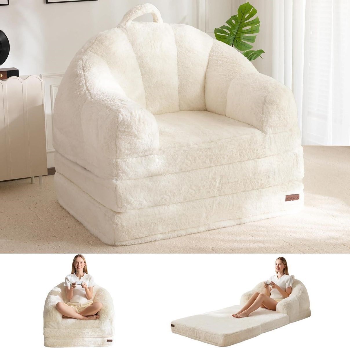 Folding Sofa Bed, 2 in 1 Convertible Lounger Comfy Single Bean Bag Chair Sleeper Couch Beige