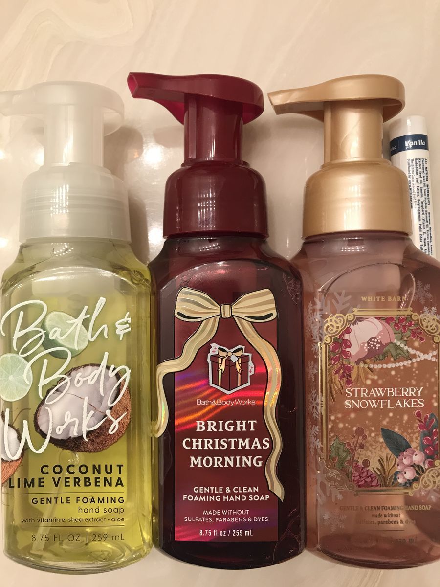 4 Bath & Body Works Foaming Hand Soap Coconut Lime Verbena discontinued Strawberry Snowflakes Bright Christmas Morning lip balm