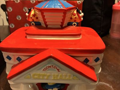 Vintage 1994 Disney ceramic cookie jar featuring Mickey’s Toontown City Hall. Part of the classic "Mickey & Co." by Enesco