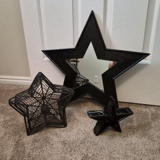 Black Star Home Decor Items - Mirror, Wire Basket, & Ceramic Star