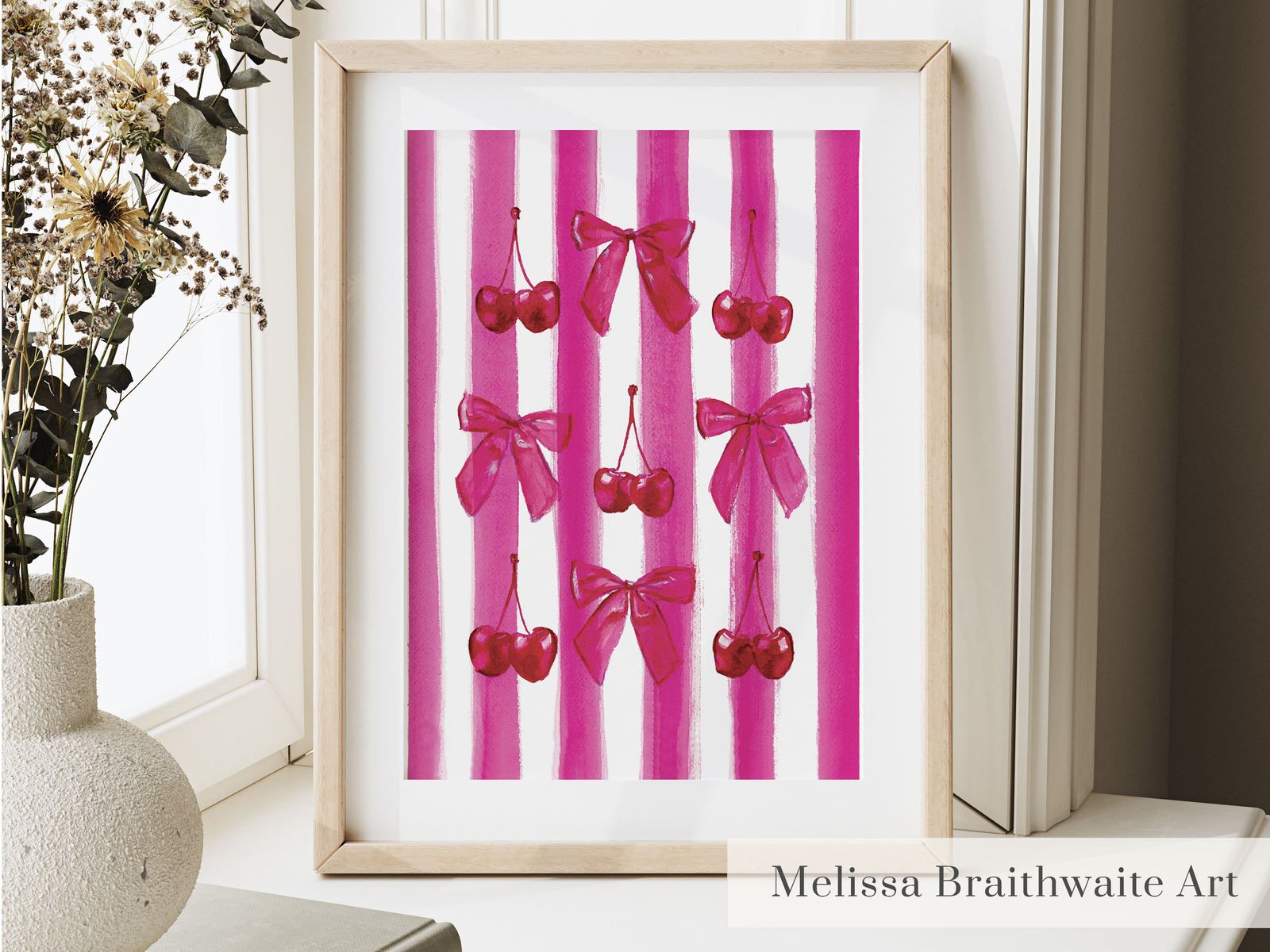 Magenta Cherry Bow Print: Coquette Pink Striped Watercolor Art