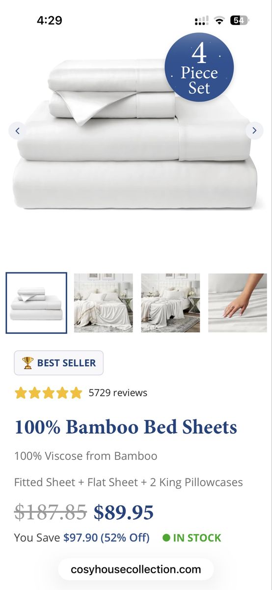 Cosy House Collection 100% Bamboo Bed Sheets King Size White 4-Piece Set