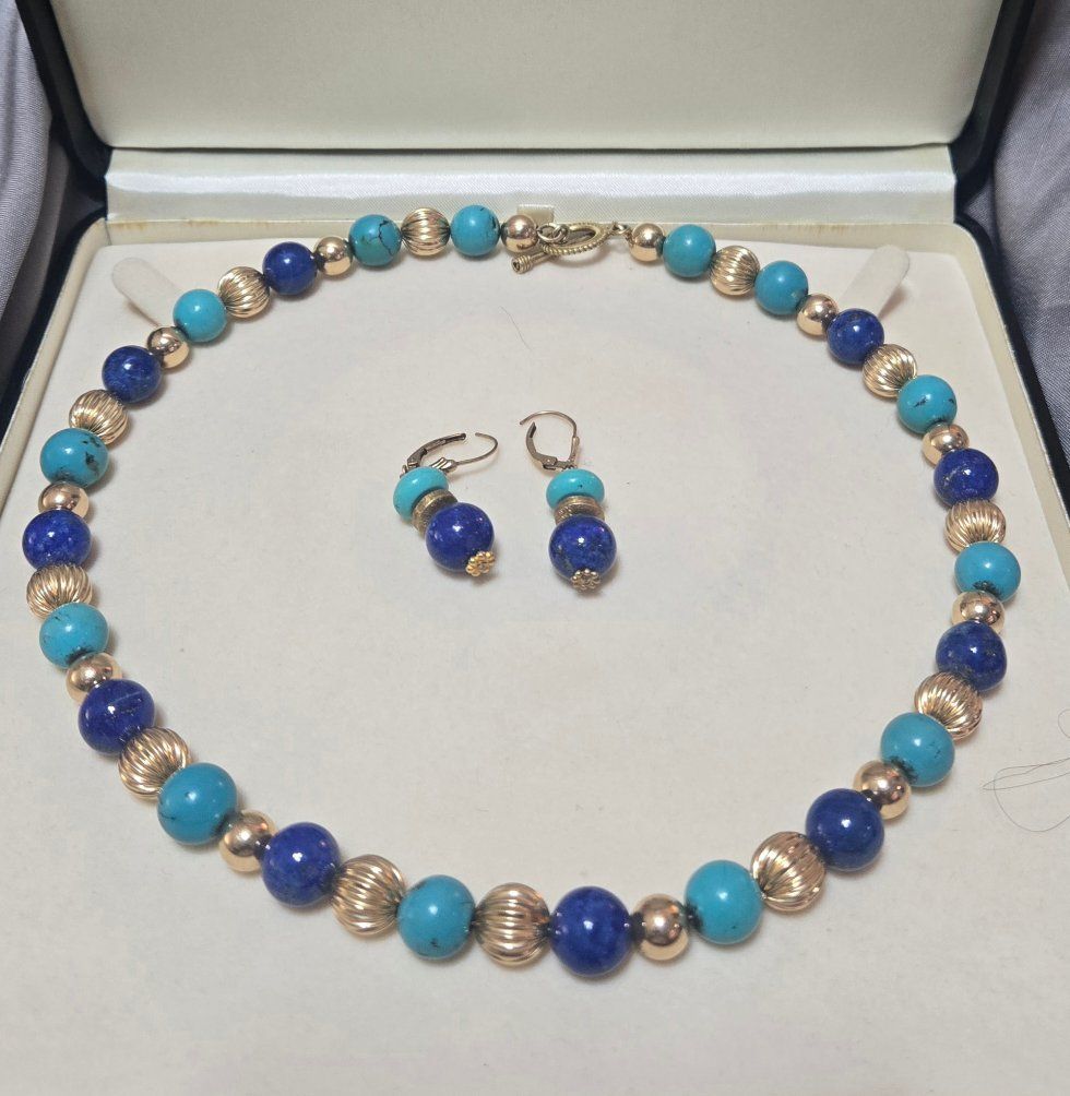 Beaded Turquoise & Lapis Lazuli Necklace and Earring Set, Gold-Tone Accents.