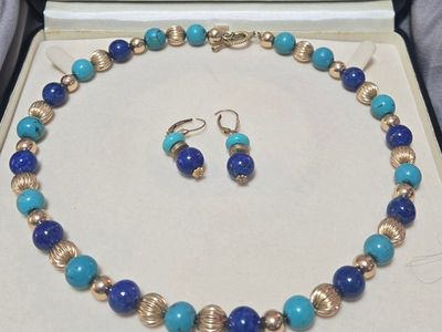 Beaded Turquoise & Lapis Lazuli Necklace and Earring Set, Gold-Tone Accents.