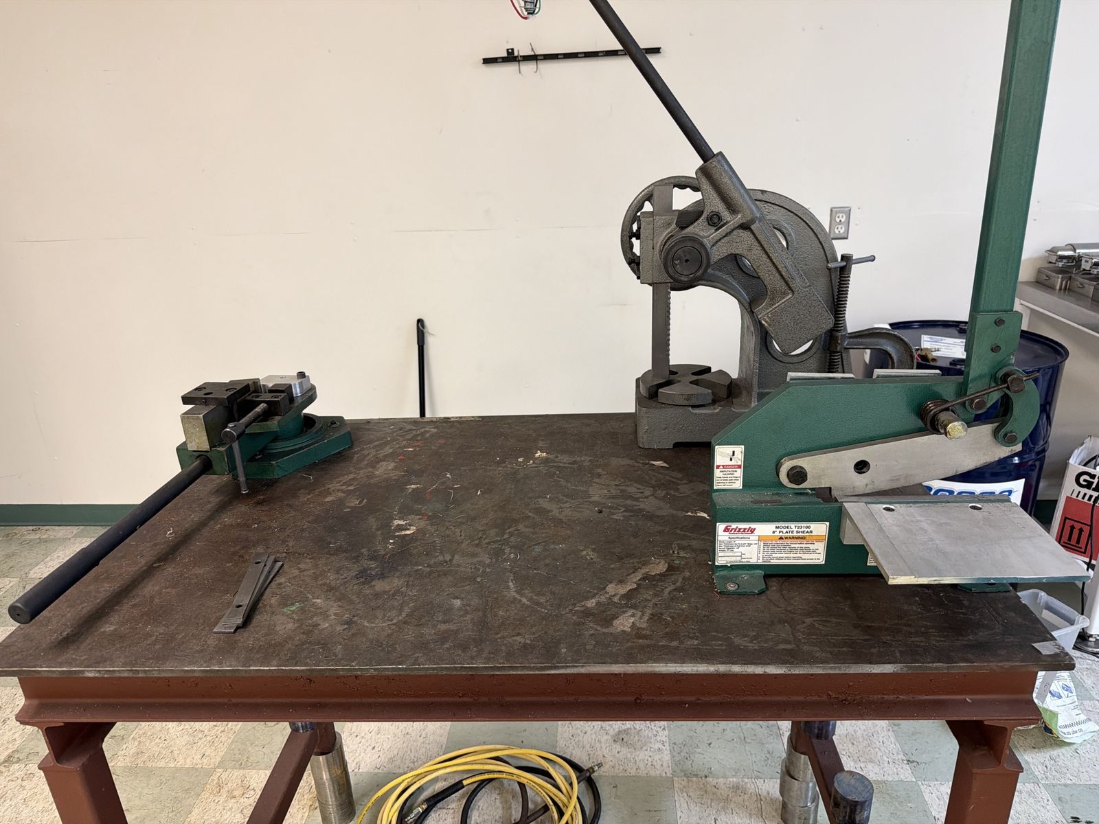 Metalworking Station: Dake Arbor Press, Grizzly Plate Shear, Bar Bender + Heavy Steel Bench