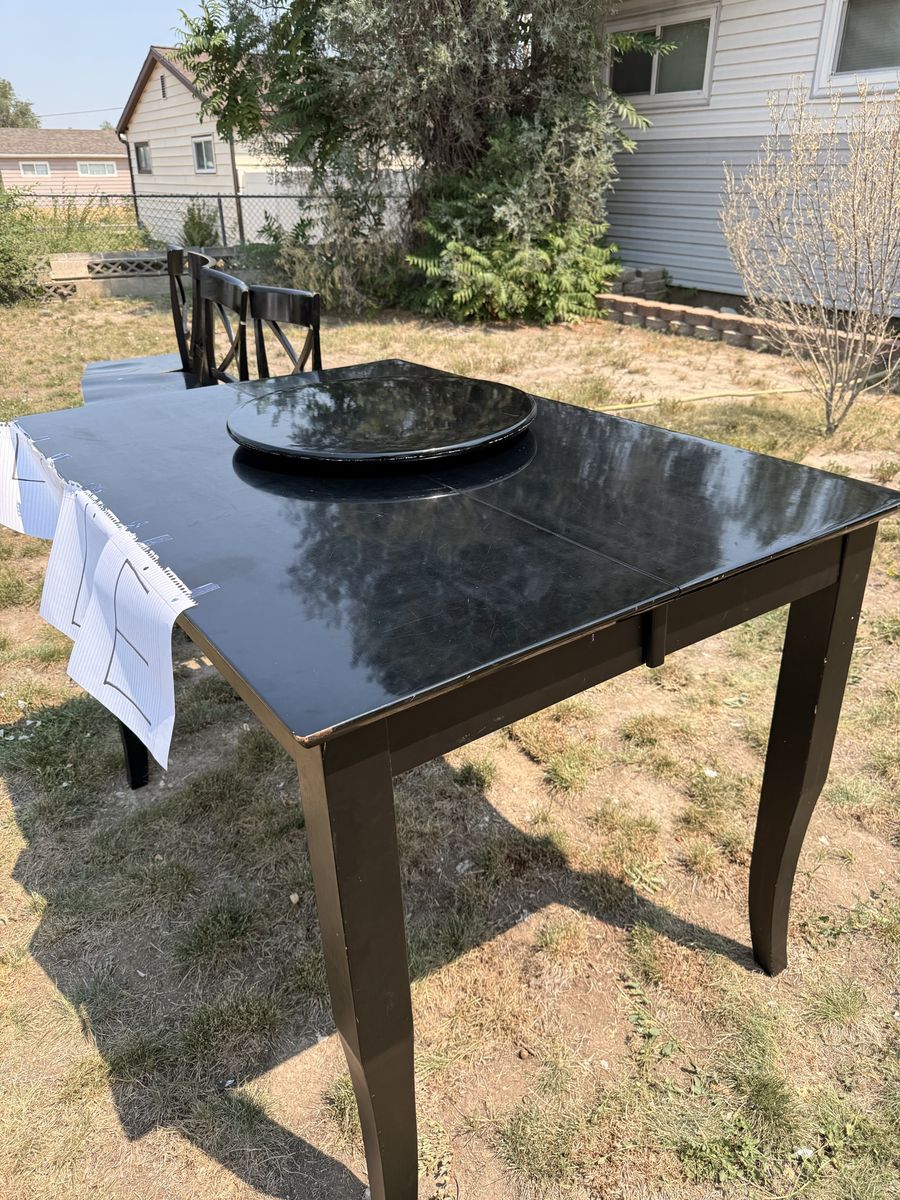 BEST OFFER!!Black  Dining Table Set with Lazy Susan also has a leaf to extend table top and 4 Crossback Chairs