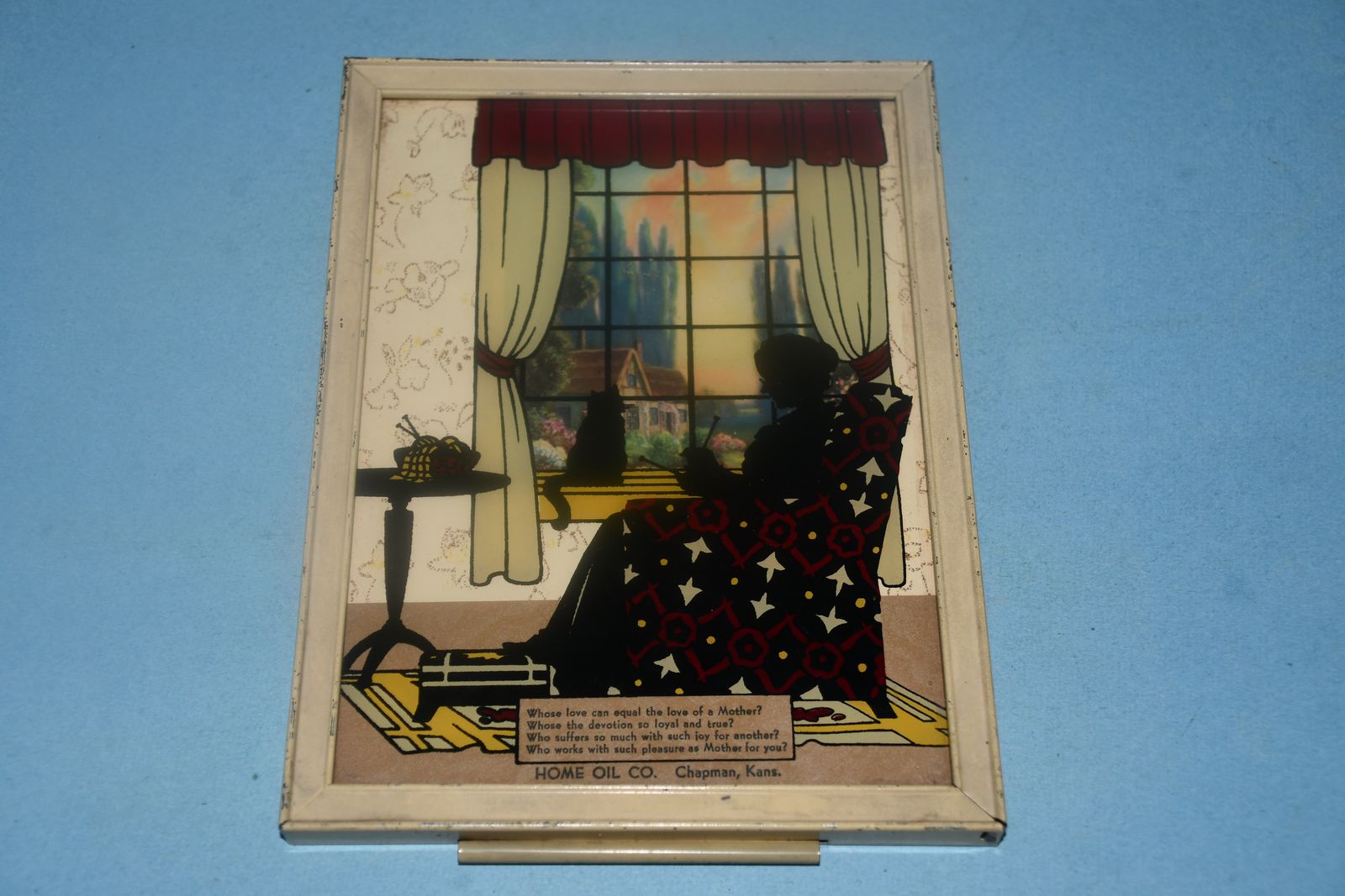 VINTAGE "HOME OIL CO" SILHOUETTE PICTURE with SLIDE OUT CALENDER TRAY ~ 6" x 8" ~ KNITTING, MOTHER, CAT