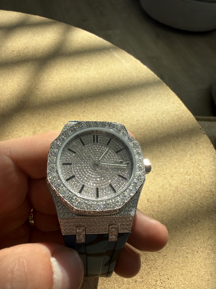 Moissanite Iced Out Automatic Watch with Blue Camo Rubber Strap