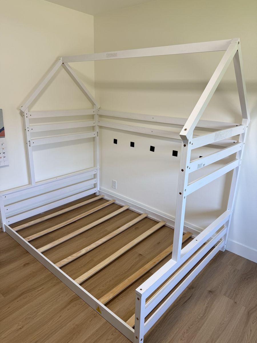 White Wood House Bed Frame for Kids - Full Size Montessori Style- Dismantled