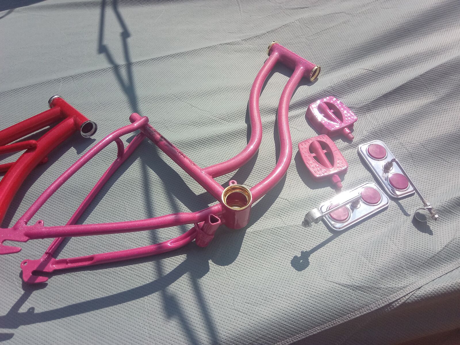 Custom painted vintage girls lowrider Schwinn frame with matching pedals and mirror set.