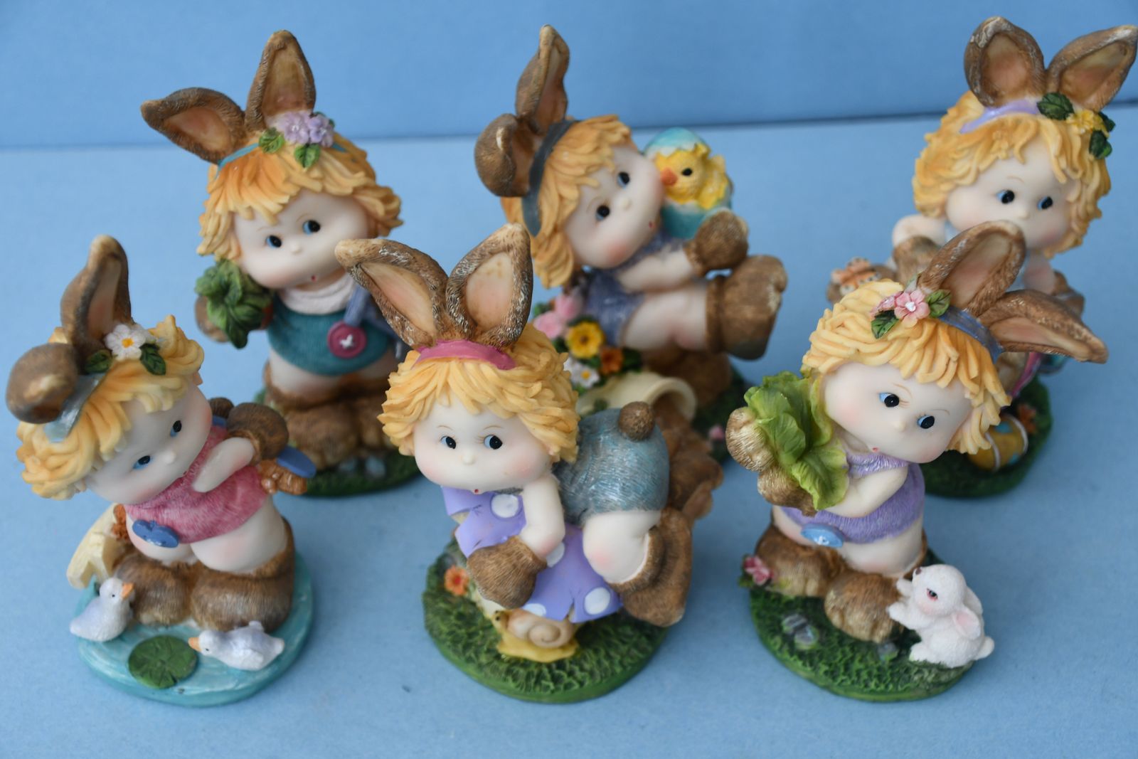 EASTER DECOR ~ 6 EASTER BUNNY GIRL FIGURINES ~ Height 6" ~ NO CHIPS ~ ALL FOR $5