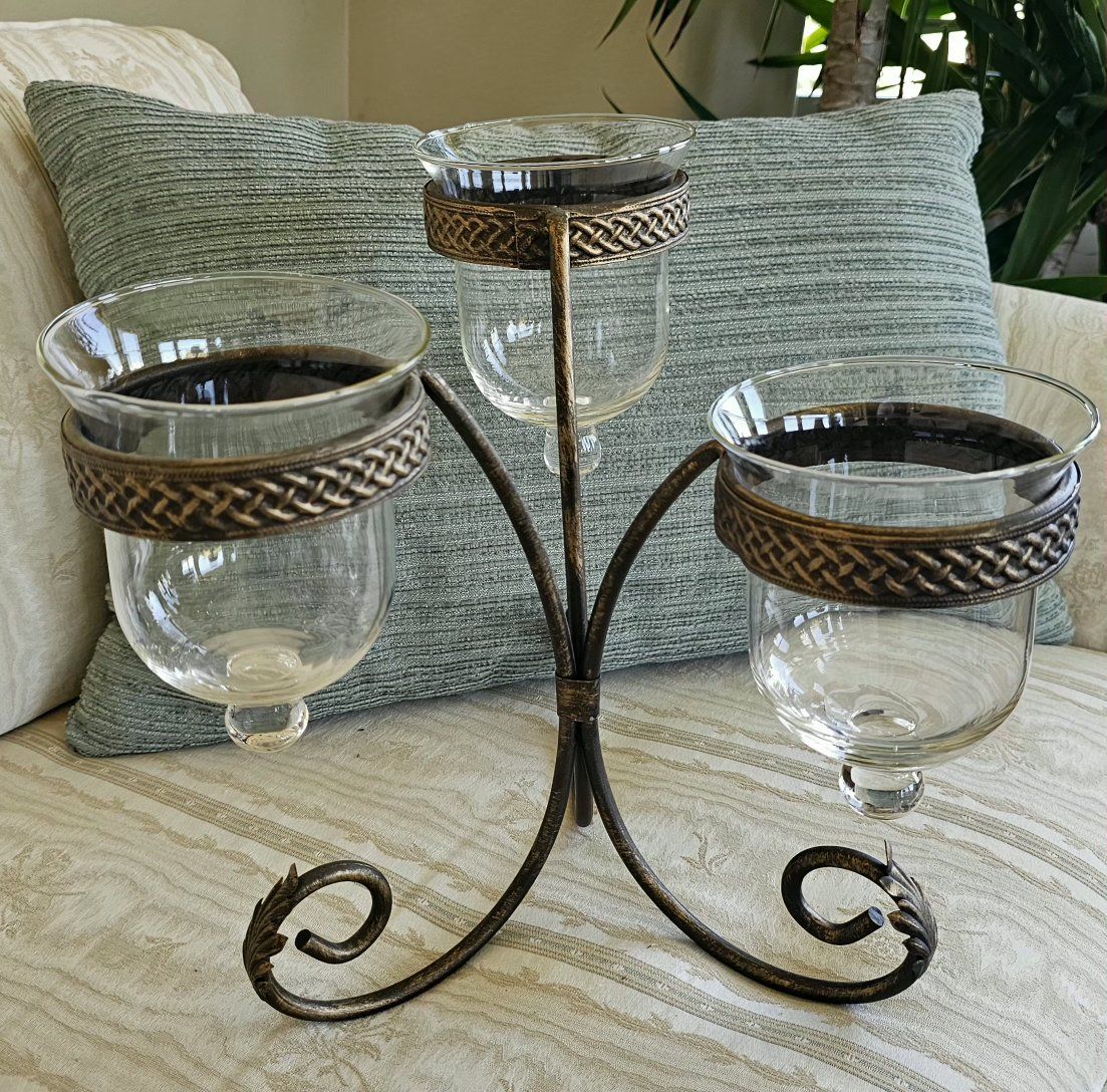 Wrought Iron & Glass Votive Candle Holder, 3-Tiered Candlestick, Rustic Home Decor 13"T Glass 5" Wide on the Top