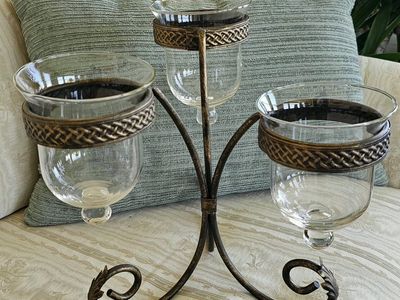 Wrought Iron & Glass Votive Candle Holder, 3-Tiered Candlestick, Rustic Home Decor 13"T Glass 5" Wide on the Top