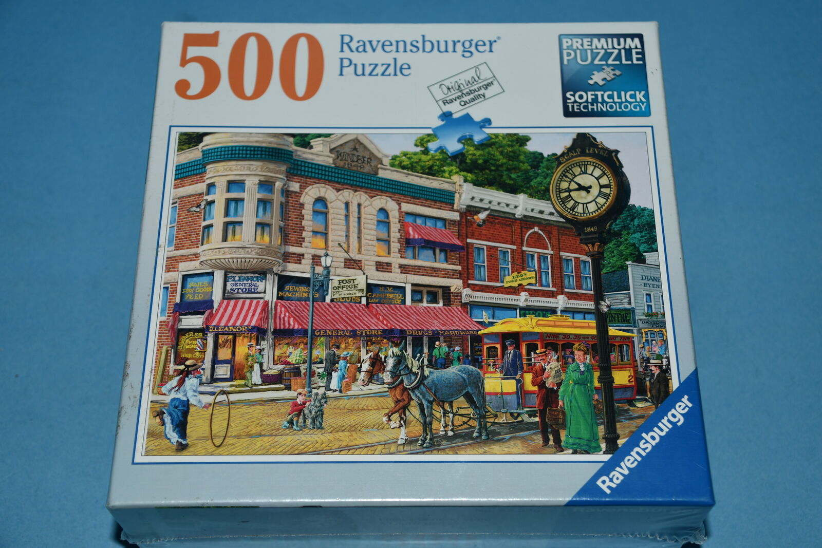 NEW, SEALED RAVENSBURGER 500 Piece JIGSAW PUZZLE ~ OLDE TIME GENERAL STORE, HORSES, TROLLY....