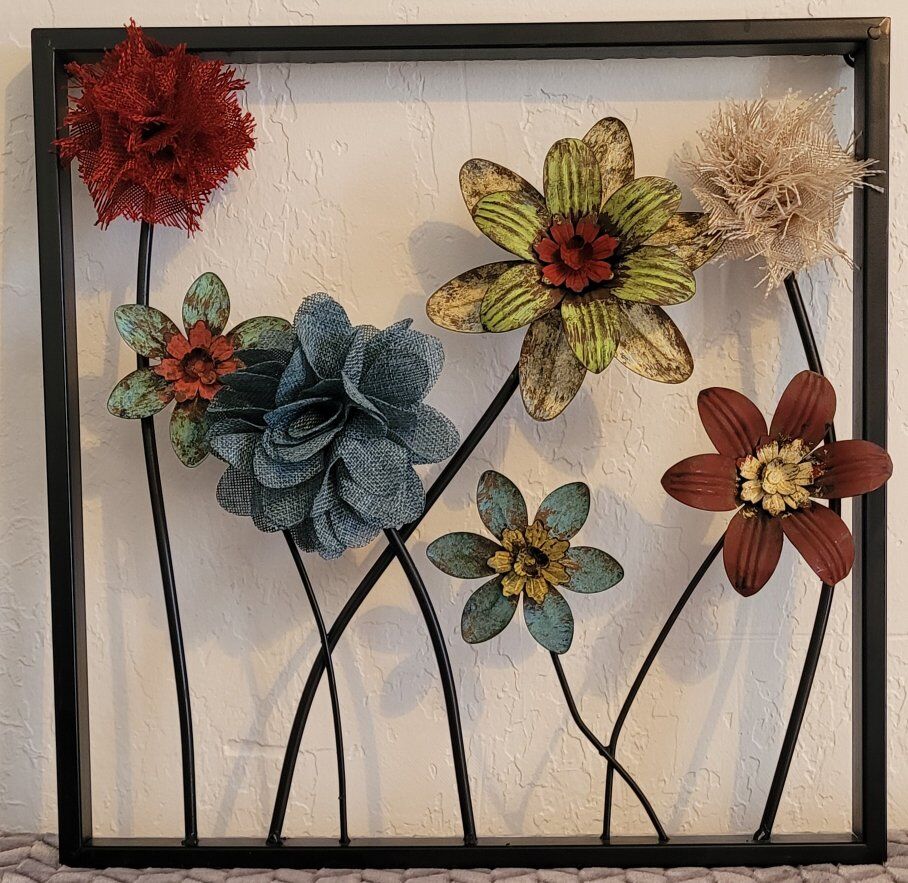 Hobby Lobby framed metal and jute floral wall art